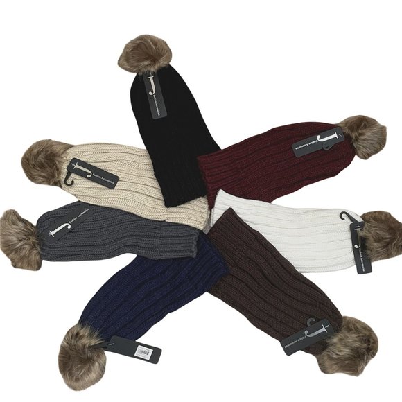 WHITE RIBBED KNITTED BEANIE W/ DETACHABLE  FAUX FUR POM-POM  - OS - Picture 3 of 3